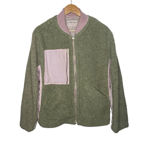 Free People Rivington Sherpa Jacket Green Pink - Picture 4 of 14